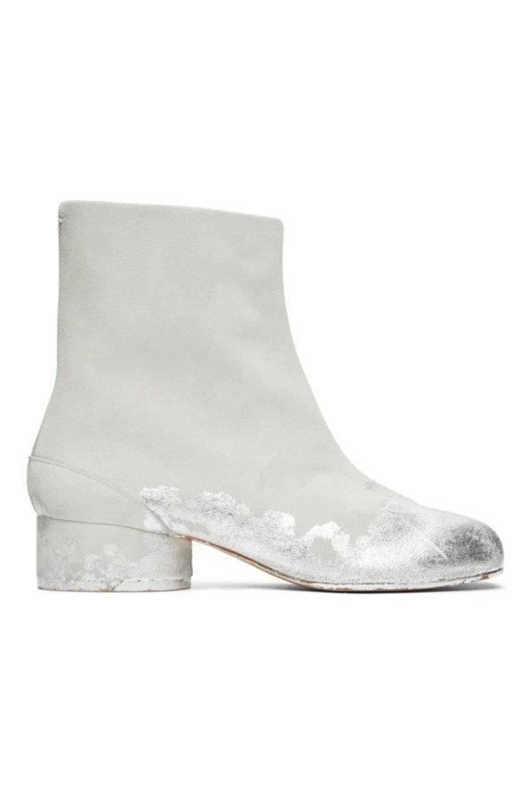 Off-White & Silver Suede Painted Low Heel Tabi Boots
