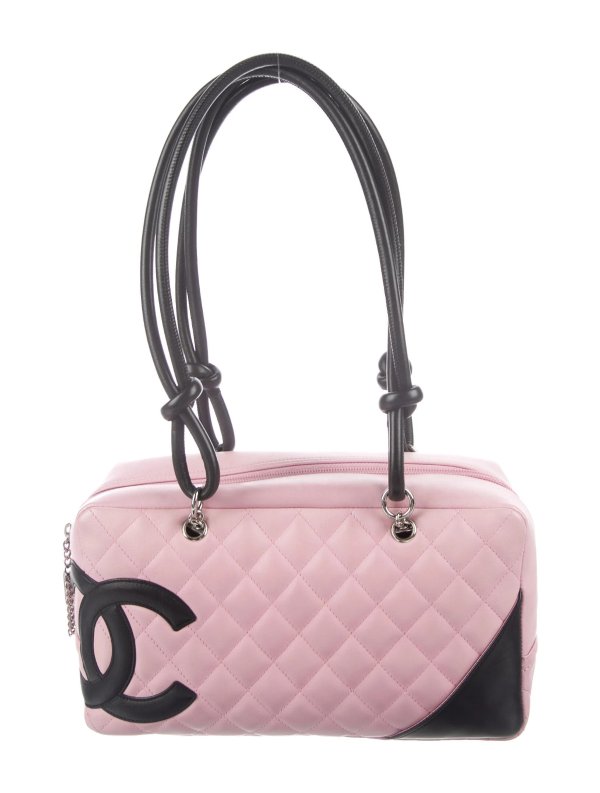 Chanel pink black quilter leather Cambon bowler tote bag