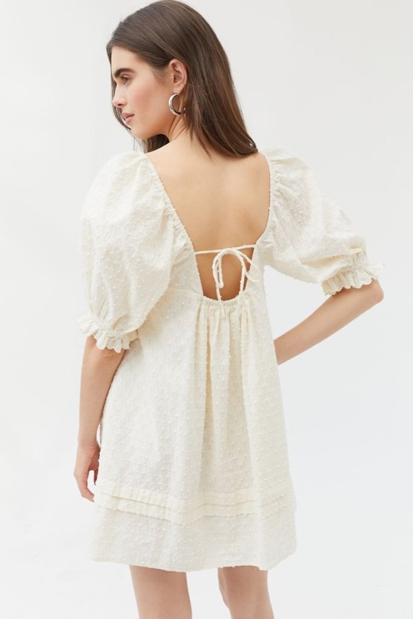 UO Embroidered Puff Sleeve Babydoll Dress