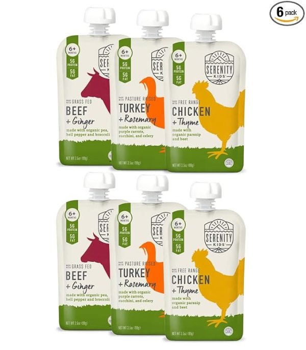 Serenity Kids 6+ Months Baby Food Pouches Puree Made With Ethically Sourced Meats & Organic Veggies | 3.5 Ounce BPA-Free Pouch | Meats + Herbs Variety Pack | 6 Count