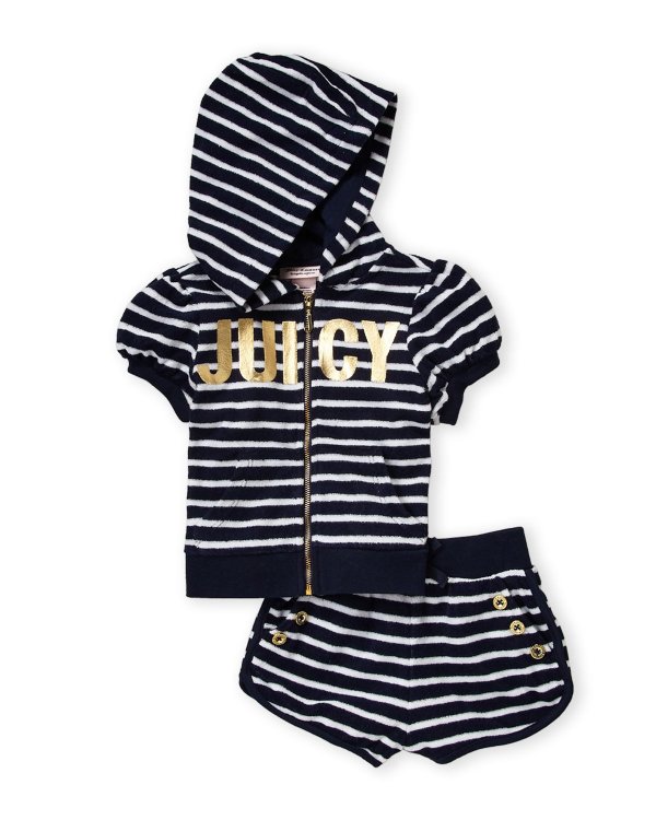 (Girls 4-6x) Two-Piece Striped Terry Hoodie & Shorts Set