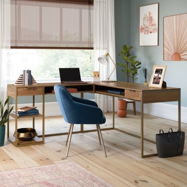 International Lux Modern L-Shaped Desk with Gold Frame, Sindoori Mango Finish