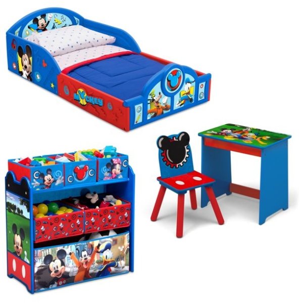 Mickey Mouse 4-Piece Room-in-a-Box Bedroom Set by Delta Children - Includes Sleep & Play Toddler Bed, 6 Bin Design & Store Toy Organizer and Art Desk with Chair