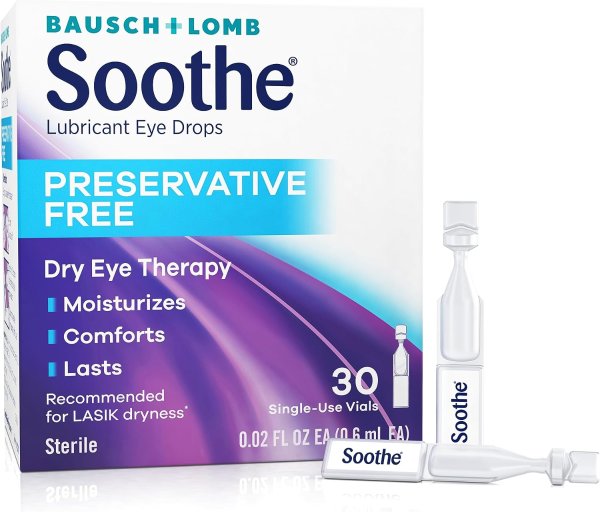 Soothe Dry Eyes Drops, Lubricant Relief, Preservative Free, Single Use Dispensers, Packaging May Vary, Transparent, 0.6 ml, 30 Count