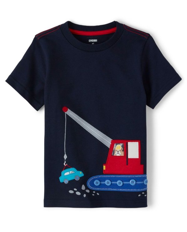 Boys Short Sleeve Embroidered Applique Construction Top - Travel Adventure