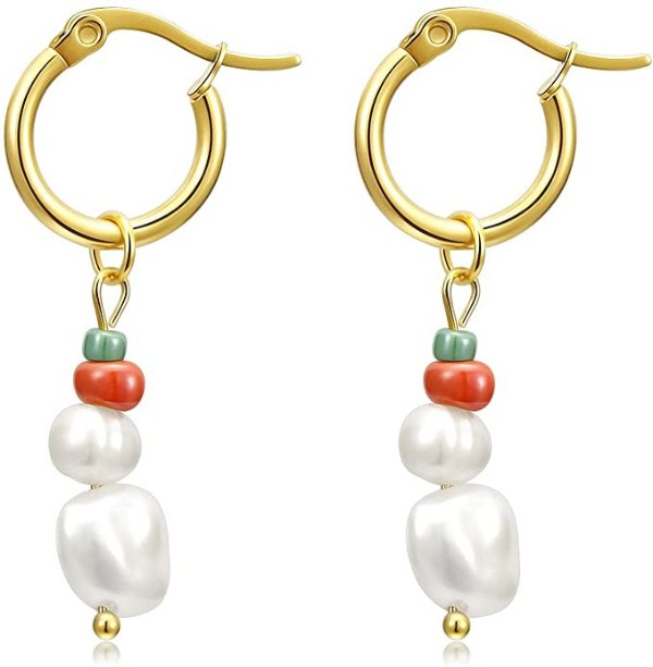 Wellike Pearl Hoop Earrings for Women Baroque Pearl Dangle Earrings Stainless Steel 18K Gold Plated Drop Earrings Vintage Korean Style Piercing Hanging Earrings Jewelry Gift