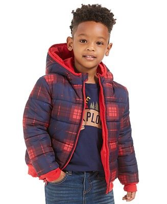 Toddler Boys Plaid Reversible Water-Resistant Hooded Puffer Jacket, Created For Macy's