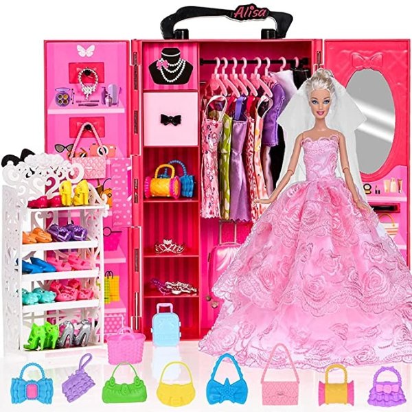Fashion 11.5 Inch Girl Doll Dream Closet Wardrobe with Clothes and Accessories Lot 56 Items Including Wardrobe Shoes Rack Dress Shoes Hangers Necklace and Other Accessories
