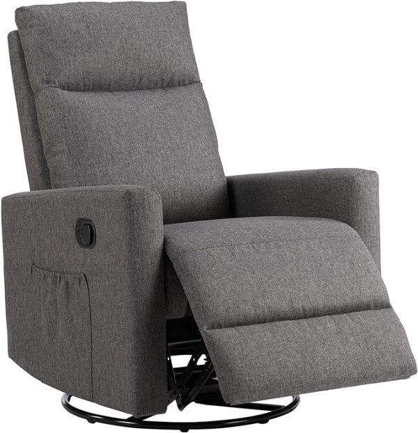 Swivel Recliner Chair, Rocking Chair Nursery, Glider Rocker Recliner for Nursery, Glider Nursery Chair for Living Room with Extra Large Footrest, High Back, Upholstered Deep Seat (Grey)
