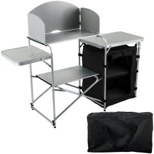 VEVOR Aluminum Portable Folding Camp Station with Windshield, Storage Organizer & 4 Adjustable Feet Quick Installation for Outdoor Picnic Beach Party Cooking, Black | VEVOR US