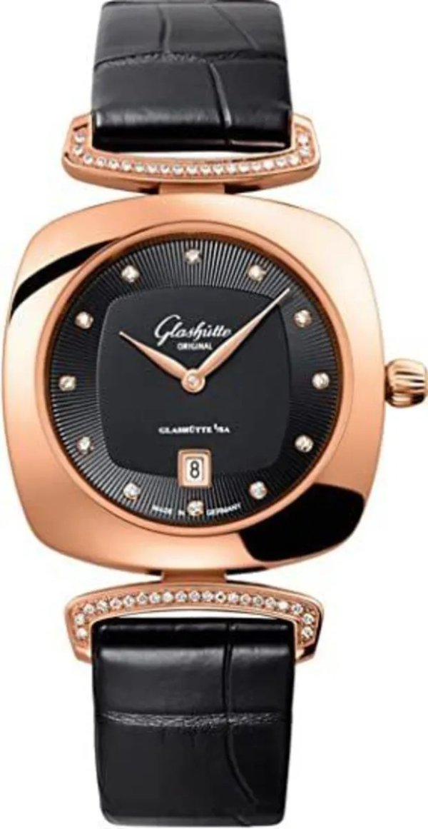 Pavonina Black Dial Diamond Rose Gold Leather Strap Women's Watch 1-03-01-28-05-30 | WatchMaxx.com