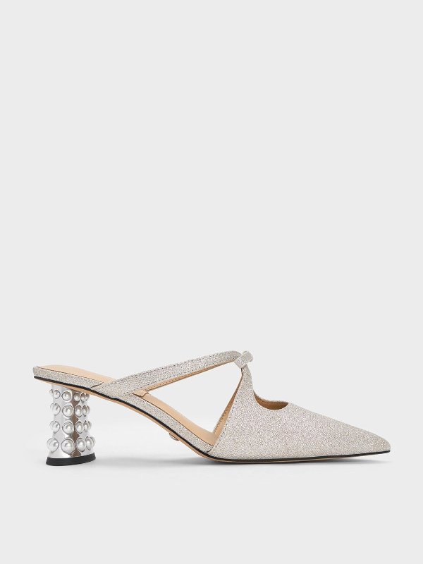 Silver Beaded Heel Glittered Bow Mules | CHARLES & KEITH