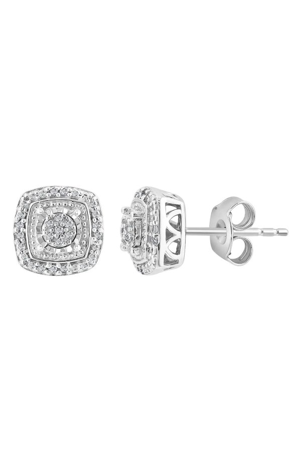 Sterling Silver Pave Diamond Cushion Stud Earrings - 0.09 ctw