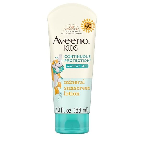 Kids Continuous Protection Zinc Oxide Mineral Sunscreen Lotion for Children's Sensitive Skin with Broad Spectrum SPF 50, Tear-Free, Sweat- & Water-Resistant, 3 fl. oz