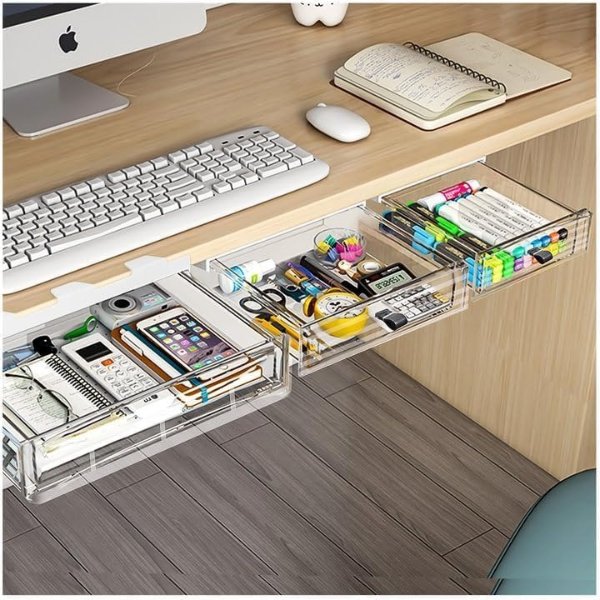 caktraie 3 Pack Under Desk Drawer Organizer, Slide Out Desk Drawer