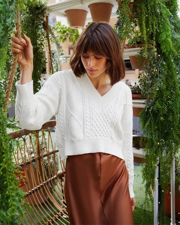 Without You Cable Knit V-neck Jumper - Cream