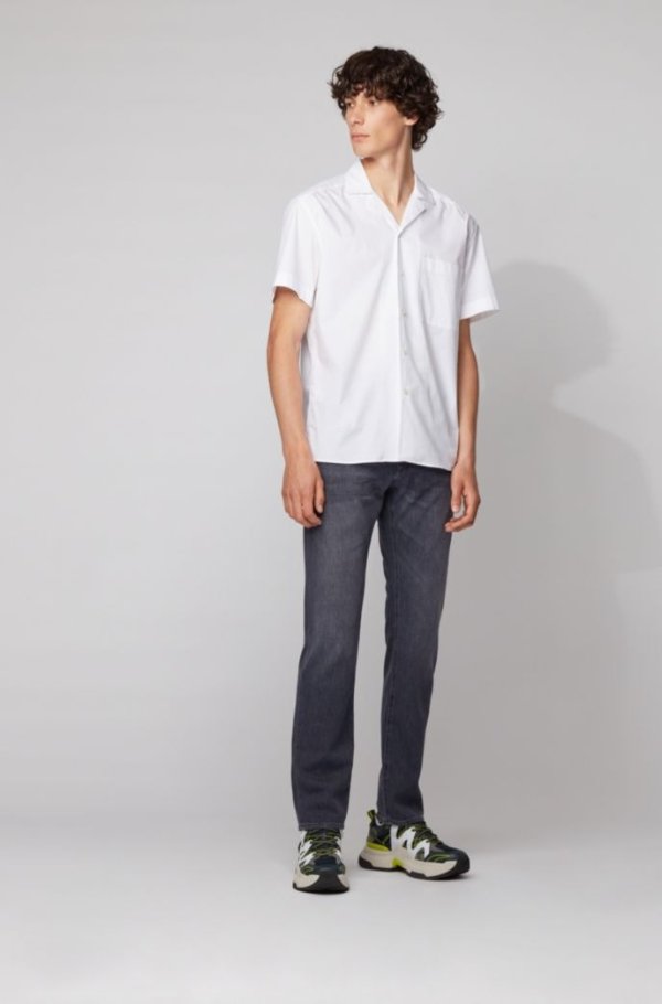 Regular-fit jeans in lightweight gray Italian denim by boss Relaxed-fit shirt in stretch cotton with camp collar by boss Lace-up sneakers with mesh, suede and leather by boss