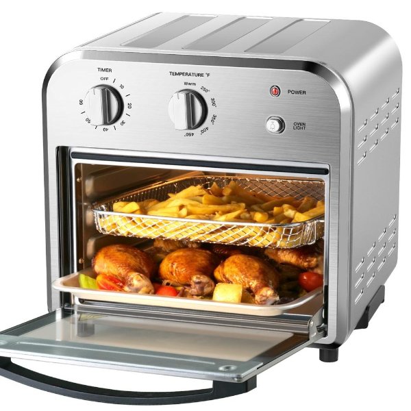 11 Qt. Silver Stainless Steel Air Fryer with Temperature&Time Knob, Fry Oil-Free, Roast, Bake, 4 Accessories & Recipes