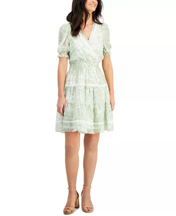 Petite V-Neck Short-Sleeve Chiffon A-Line Dress