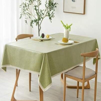1pc Green Tablecloth, Polyester Lace Trim Waterproof Decorative Fabric Table Cover For Dining Table