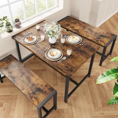 Dining Table Set, Kitchen Table Set for 4, Rectangular Dining Room Table Set with 2 Benches for Small Space, Apartment, Dining Room, Retro Brown