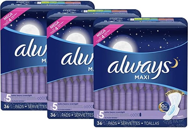 Maxi Feminine Pads with Wings for Women, Size 5, Extra Heavy Overnight, Unscented, 36 Count - Pack of 3 (108 Count Total)
