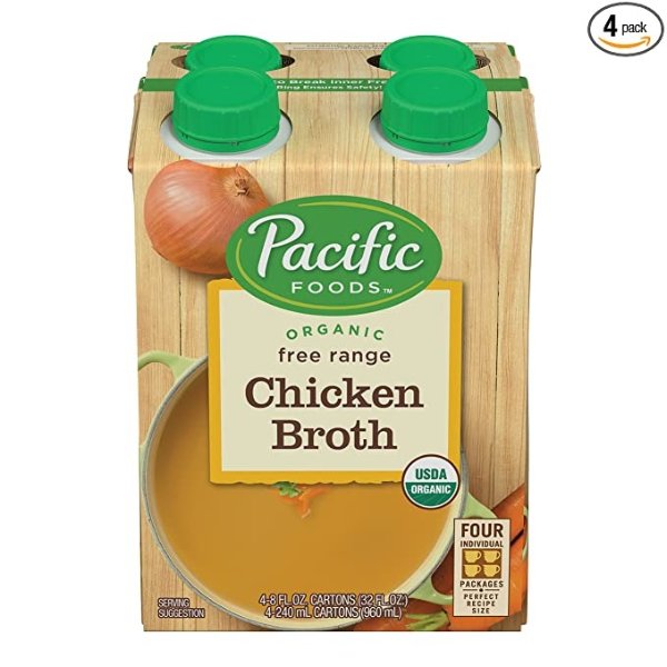 Pacific Foods Organic Free Range Chicken Broth, 8-Ounce Cartons, 4-Pack
