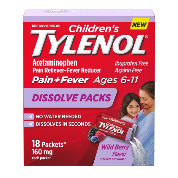 Children's Tylenol Acetaminophen Dissolve Packets, Wild Berry, 18 ct