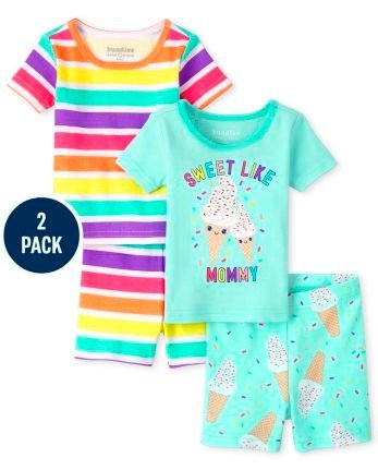Baby And Toddler Girls Short Sleeve 'Cool Like Mommy' Ice Cream And Rainbow Striped Snug Fit Cotton Pajamas 2-Pack | The Children's Place