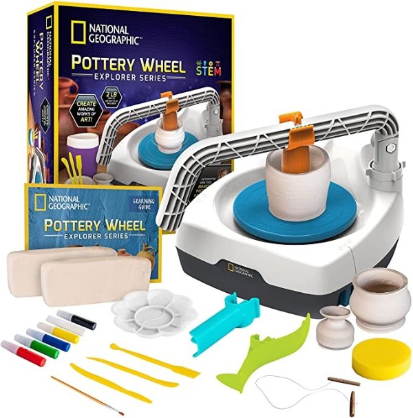 NATIONAL GEOGRAPHIC Kid’s Pottery Wheel – Complete Pottery Kit for Kids, Electric Motor, 2 lbs. Air Dry Clay, Sculpting Clay Tools, Apron & More, Patent Pending, Amazon Exclusive Craft Kit