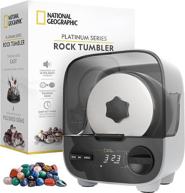 NATIONAL GEOGRAPHIC Platinum Series Ultra Quiet Rock Polisher Kit - Patent-Pending for Kids & Adults, 2 lb. Barrel, Rocks, Grit, GemFoam, Rock Tumblers