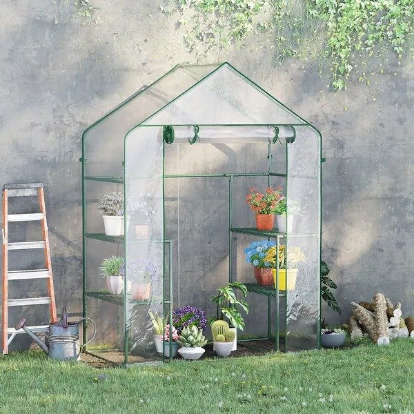 Outsunny 6' L x 8' W x 7' H Outdoor Walk-In Tunnel Greenhouse with 3-Levels of Shelving, Roll-up Door, & Weather Cover