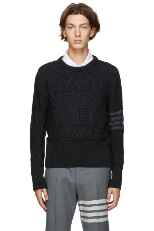 Grey Wool Aran Cable 4-Bar Crewneck Sweater