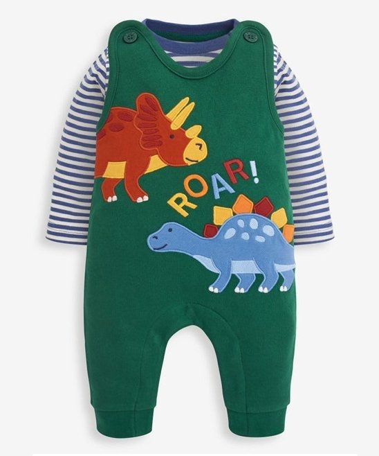 Forest 'Roar' Dinosaur Overalls & Blue Stripe Long-Sleeve Top - Newborn & Infant