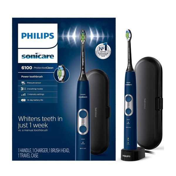 Protective Clean 6100 Whitening Rechargeable Electric Toothbrush With Pressure Sensor and Intensity Settings, Hx6871/49, Navy Blue, 1.085 Pound