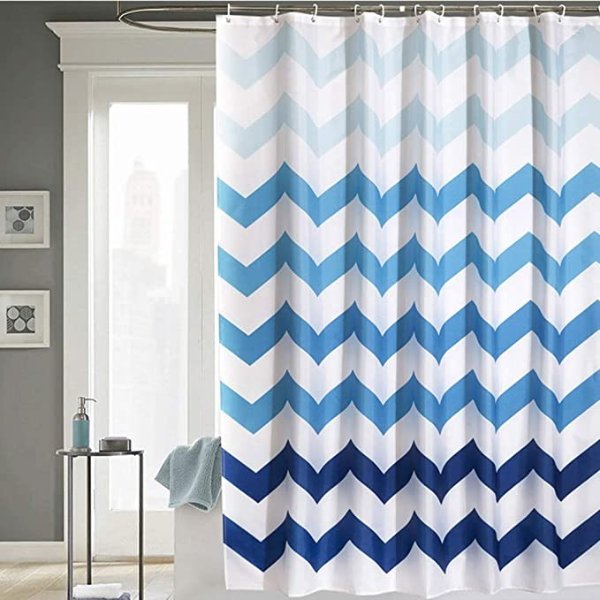 Tian Home Fabric Shower Curtain with 12 Hooks, Waterproof and Bottom's Weighted (Blue Wave)