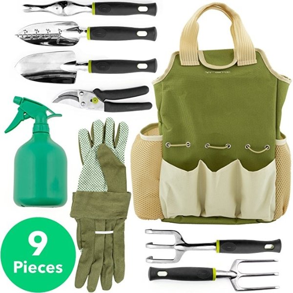 9 Piece Garden Tools Set - Gardening Tools with Garden Gloves and Garden Tote - Gardening Gifts Tool Set with Garden Trowel Pruners and More - Vegetable Herb Garden Hand Tools with Storage Tote