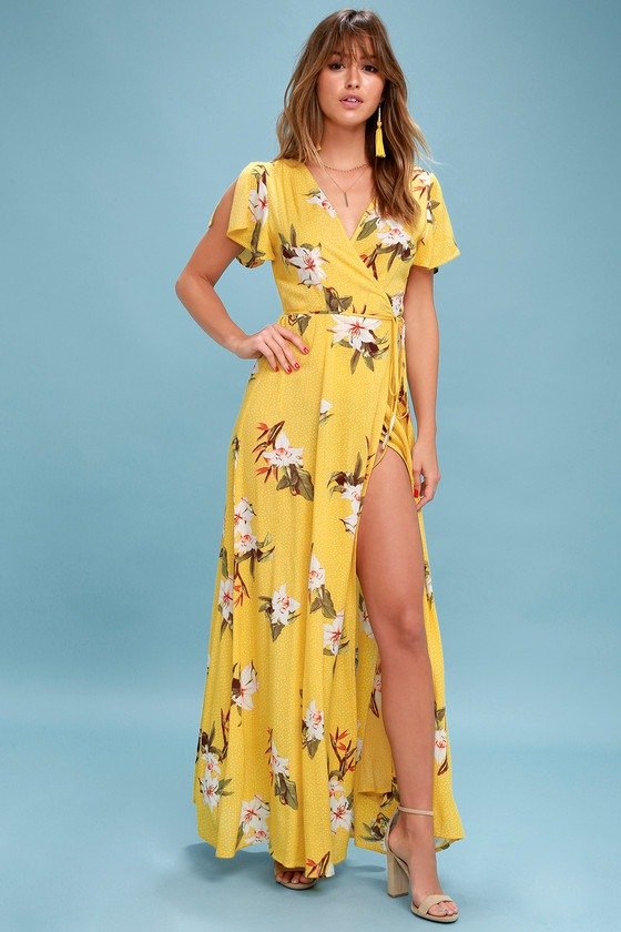 Heart of Marigold Yellow Tropical Print Wrap Maxi Dress