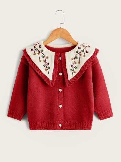 Toddler Girls Floral Embroidery Statement Collar Cardigan