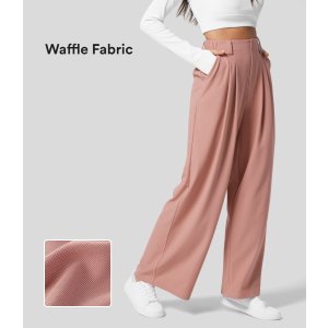 Women’s High Waisted Plicated Side Pocket Wide Leg Waffle Casual Pants - HALARA