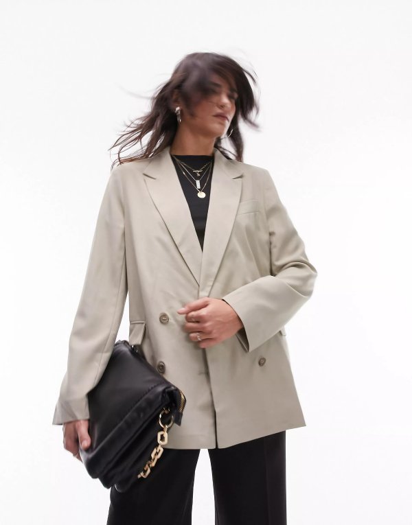 Tailored oversized double breasted blazer in stone