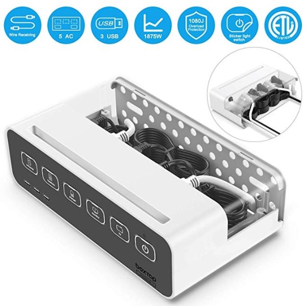 Cable Management Box with Power Strip, 5 Outlet Surge Protector, Cord Hider Organizer with 3 USB Charging Ports, 6.6ft Long Extension Cord, for Home Office, Computers–Kids Pet Friendly (White)