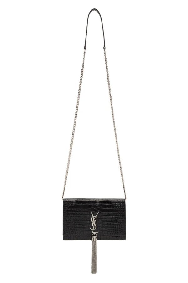 Black Croc Kate Tassel Chain Wallet Bag