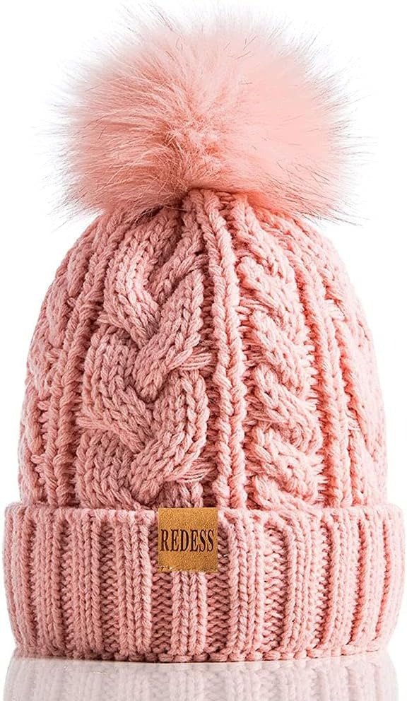Women Winter Pompom Beanie Hat with Warm Fleece Lined, Thick Slouchy Snow Knit Skull Ski Cap