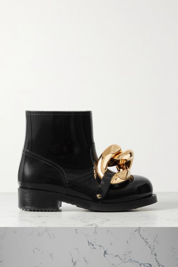 Chain-embellished glossed-rubber rain boots