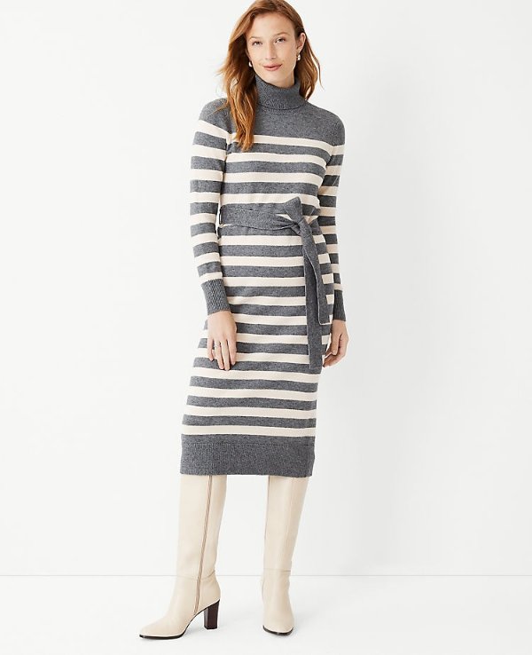 Stripe Belted Turtleneck Sweater Dress | Ann Taylor