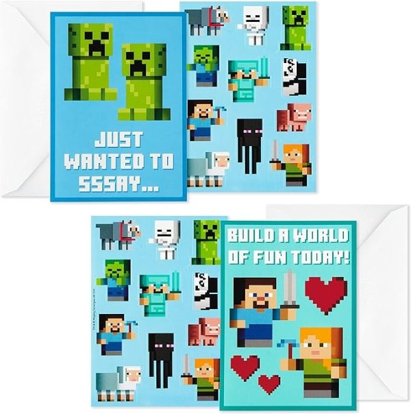 Kids Minecraft Valentines Day Cards and Stickers Assortment (24 Classroom Cards with Envelopes)
