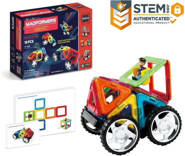 Vehicle Wow Set (16-pieces) Magnetic Building Blocks, Educational Magnetic Tiles Kit , Magnetic Construction STEM Toy Set includes wheels