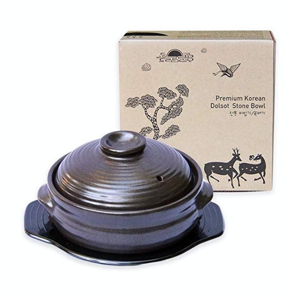 Korean Stone Bowl (Dolsot), Sizzling Hot Pot for Bibimbap and Soup - Premium Ceramic (Medium with Lid)