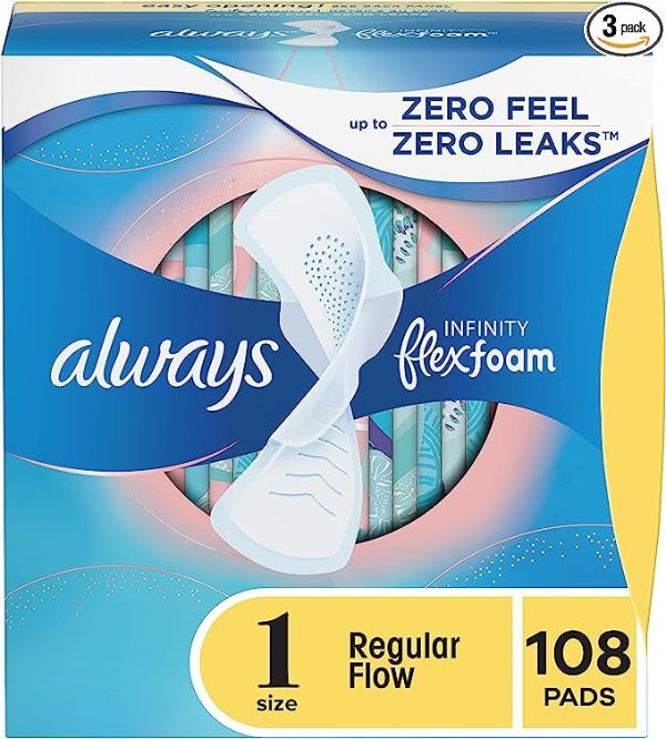 Infinity Size 1 Feminine Pads with Wings, Regular Absorbency, Unscented, 36 Count - Pack of 3 (108 Total Count) (Packaging May Vary)